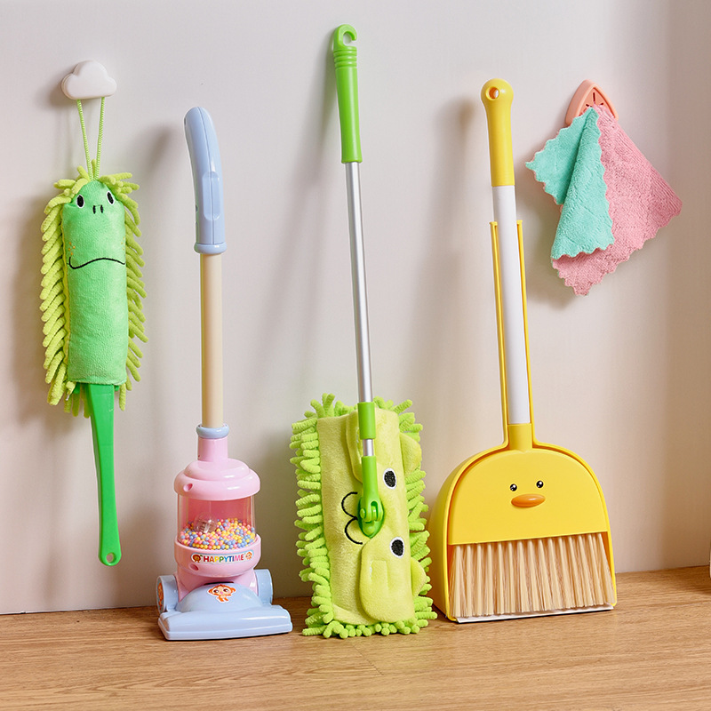 Kindergarten children's pretend play toy set including broom, mop, dustpan, and baby vacuum cleaner