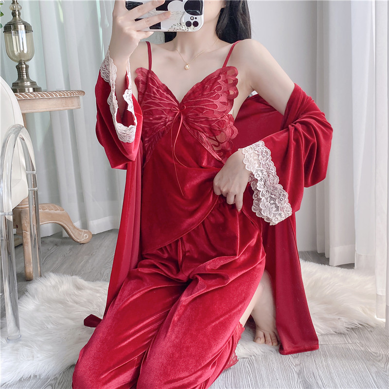 Red Butterfly Gold Velvet Pajamas for Women with Breast Pads