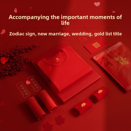 New Men's Red Pure Cotton Thermal Underwear Set for the Year of Birth