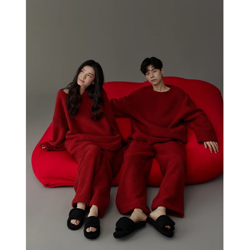 Red Couple Pajamas Coral Velvet Zodiac Year Wedding Celebration