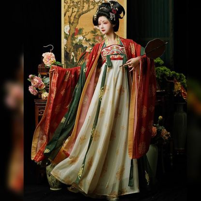 Tang Dynasty Embroidery Restoration Style Chest-High Long Sleeve Shirt with Ripped Skirt