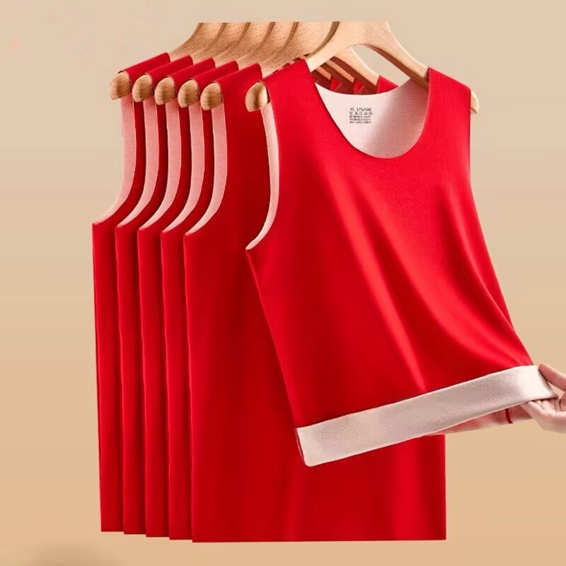 Red Thermal Vest with Wool and Silk, Seamless for Men and Women