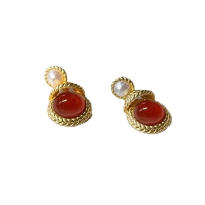 Pearl Handmade Inlaid Zircon National Style Red Earrings
