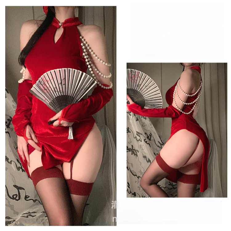 Sexy Red Plush Christmas Dress with Bowknot