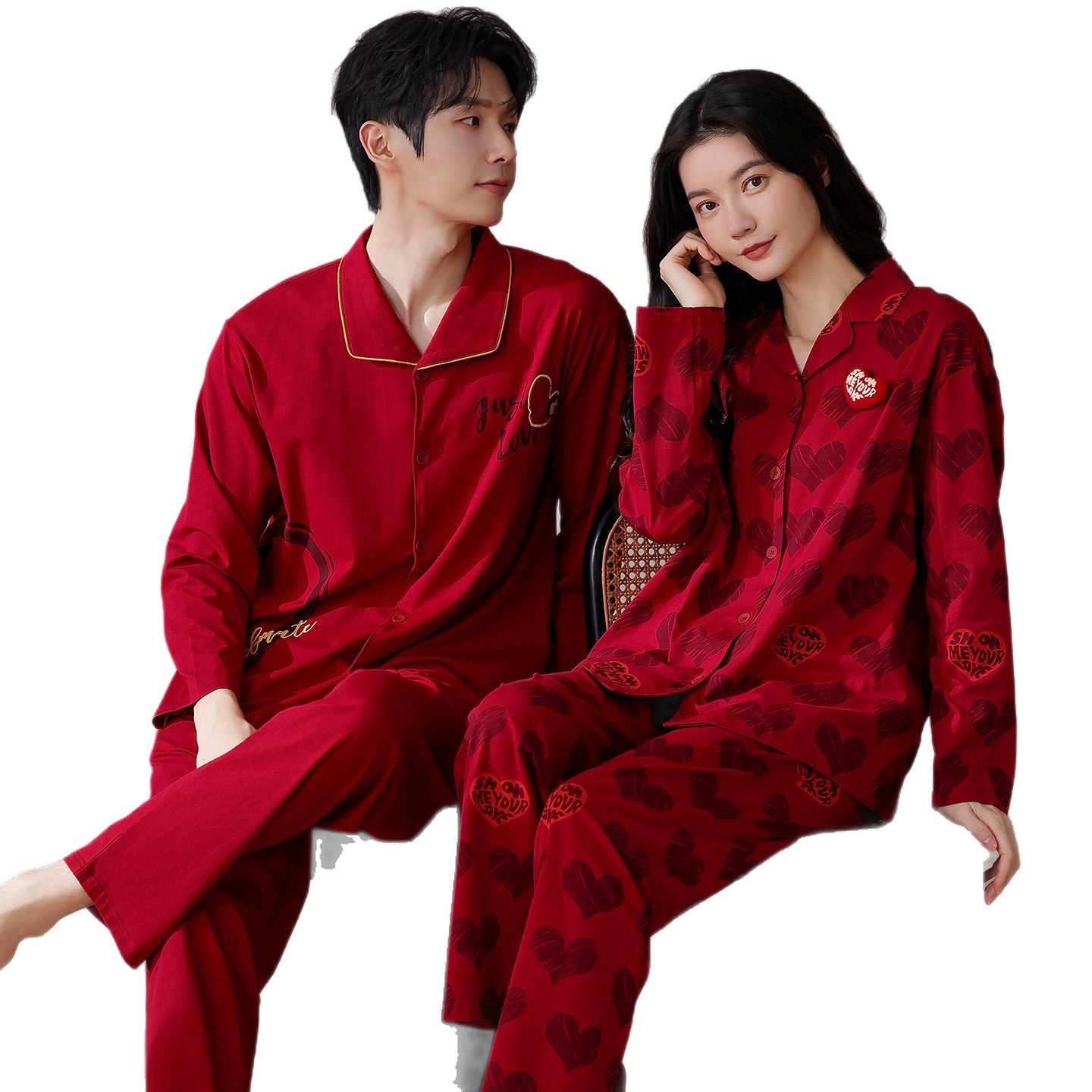 Pure Cotton Long Sleeve Cardigan Red Comfortable Wedding Pajamas for Women Home Wear