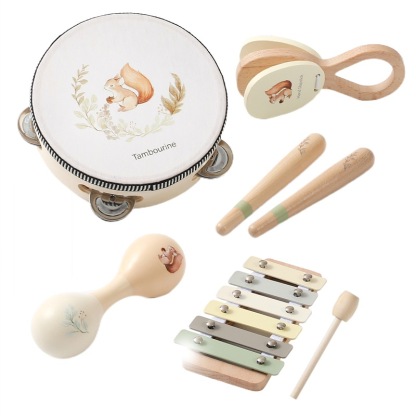 Wooden Orff Instrument Set: Baby Early Education Soothing敲琴 (xylophone), 敲鼓 (drum), 沙锤 (maracas), 摇铃 (hand bells) Musical Toys