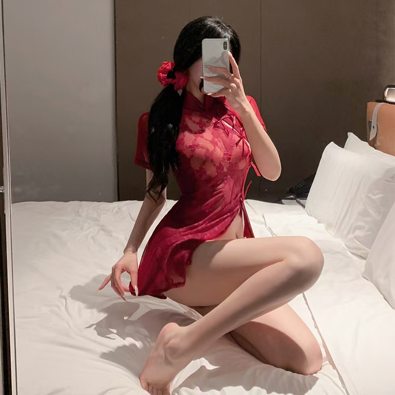  Sexy Lingerie Sexy Nightdress Cheongsam Split Lace-up Temptation Bed Uniform
