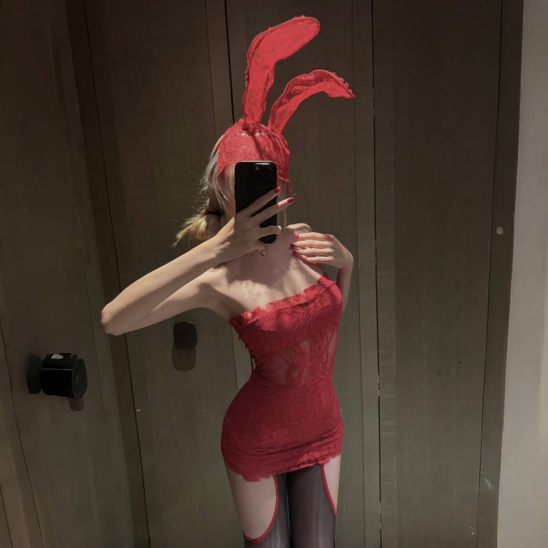  Sexy Lingerie Red Sexy Nightdress Lace Temptation Bunny Girl