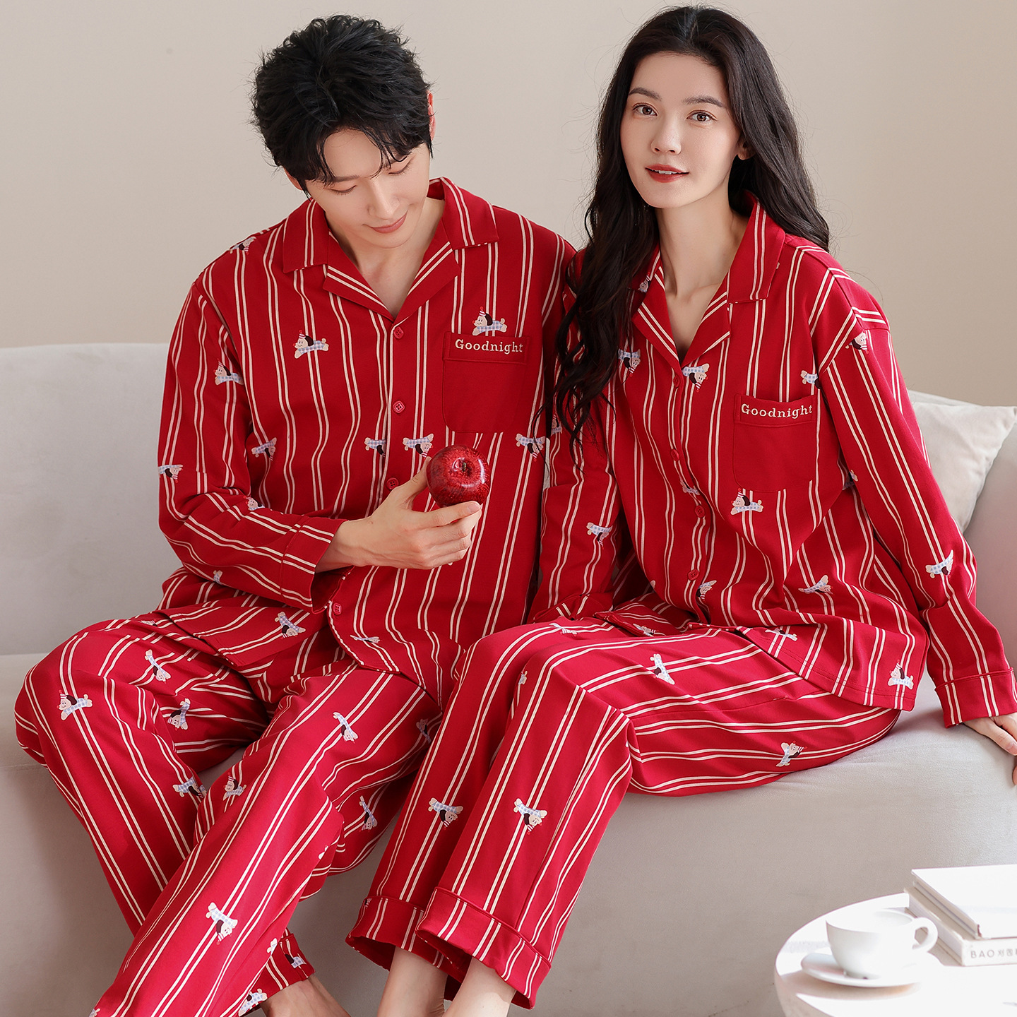 Pure Cotton Long Sleeve Cardigan Red Comfortable Wedding Pajamas for Women Home Wear