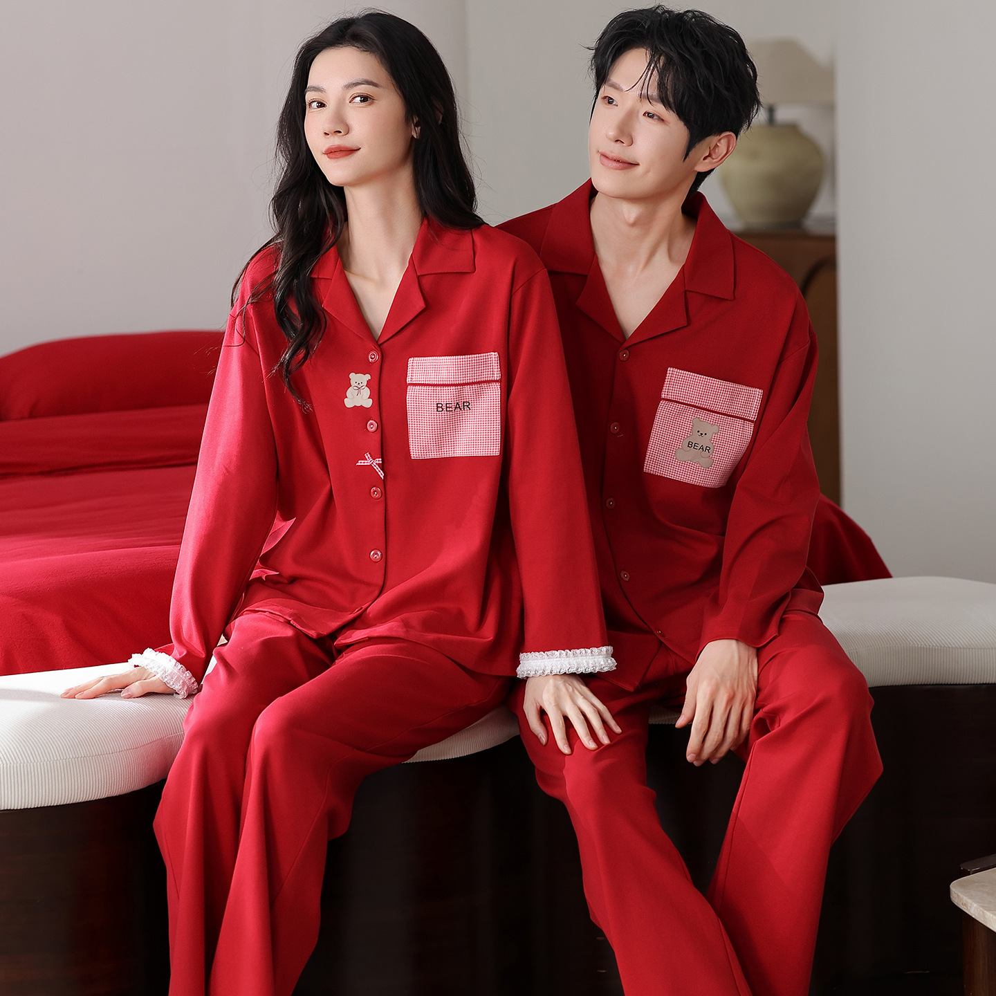Pure Cotton Long Sleeve Cardigan Red Comfortable Wedding Pajamas for Women Home Wear