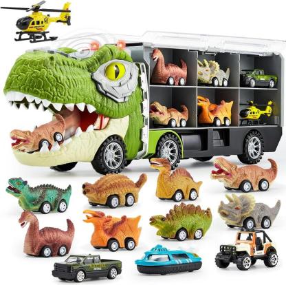 13 in 1 Dinosaur Transport Carrier Truck Set with 12 Pull Back Cars, Small Cars Set, Birthday Gifts Toys for 3 4 5+ Year Old Boy, Transport Carrier Truck / Die-Cast Metal Toy Cars for Toddlers 3-4 Years Christmas Gifts for Kids TikTokShopBacktoSchool