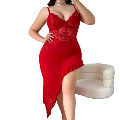  Sexy Lace Lingerie Underwire Push-Up Camisole See-Through Women's Dress