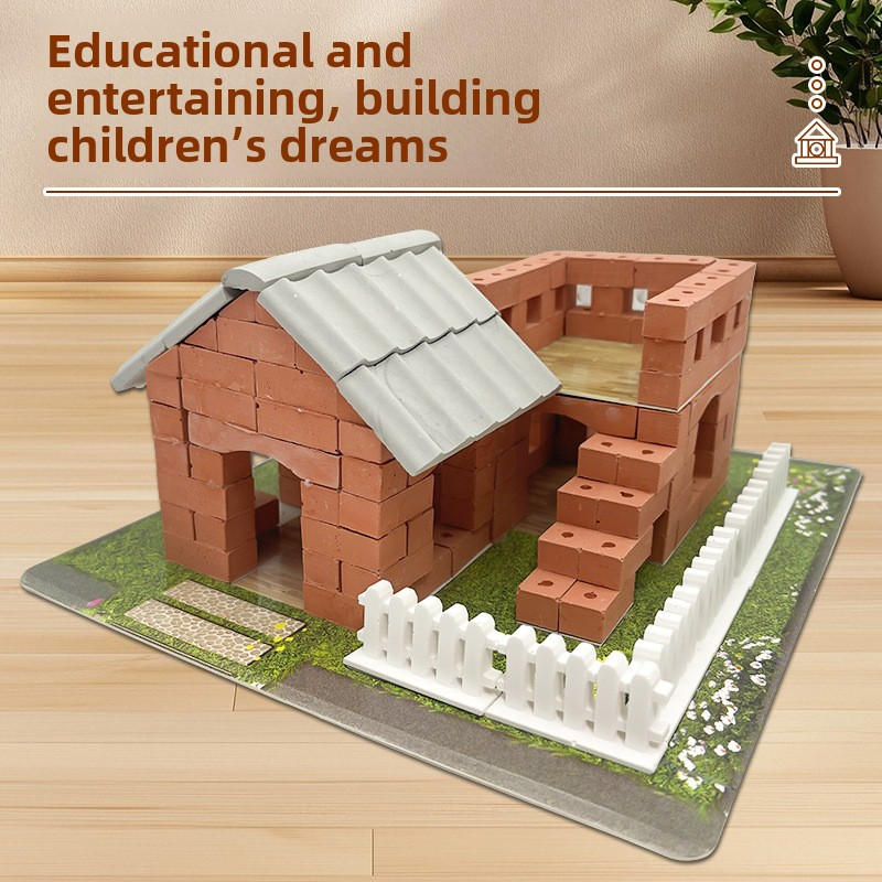 House-building toys: mini bricks, DIY real brick wall building, little bricklayer architect, children's house construction