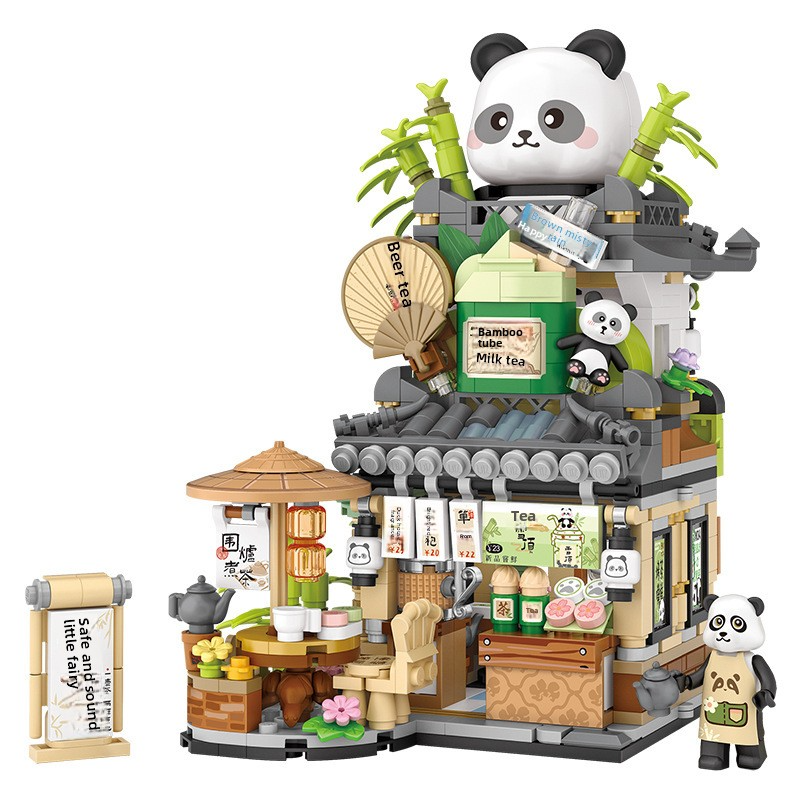 Loz building block particle assembly toy: educational panda tea house, little bear coffee, children's foldable street view gift