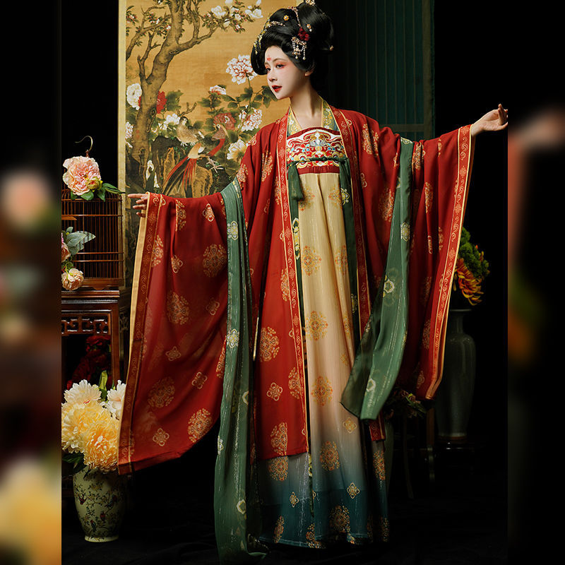 Tang Dynasty Embroidery Restoration Style Chest-High Long Sleeve Shirt with Ripped Skirt