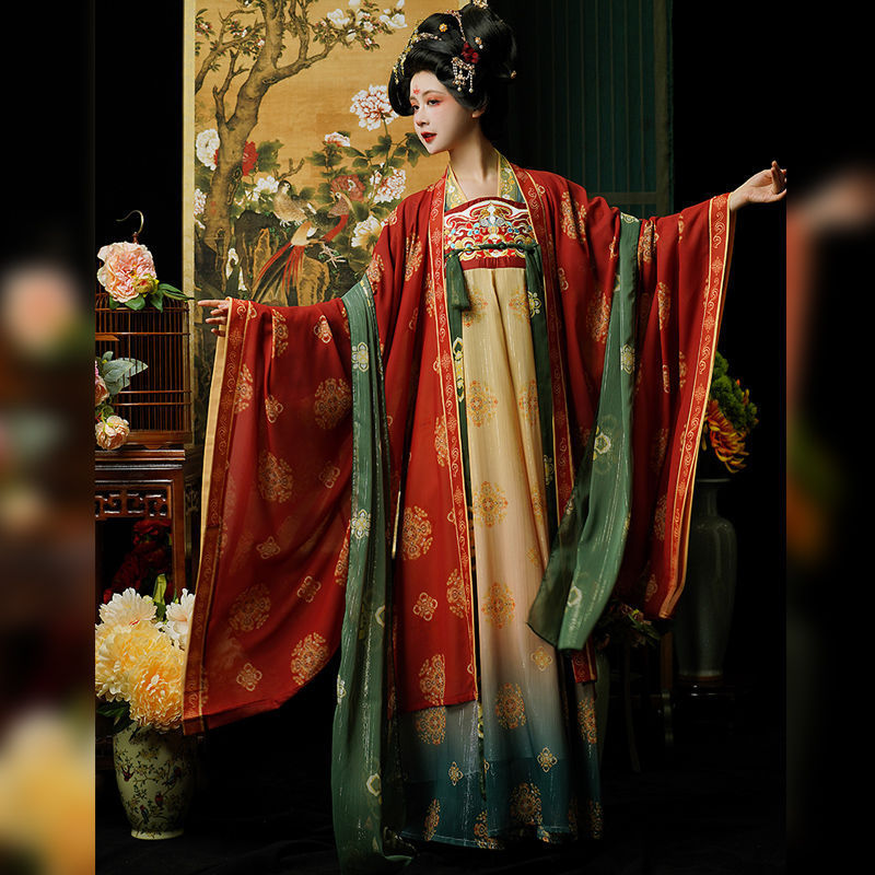 Tang Dynasty Embroidery Restoration Style Chest-High Long Sleeve Shirt with Ripped Skirt