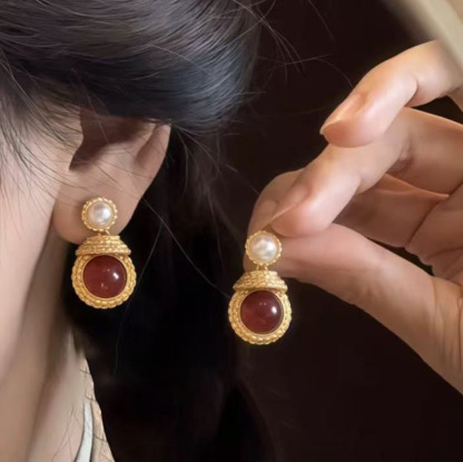 Pearl Handmade Inlaid Zircon National Style Red Earrings