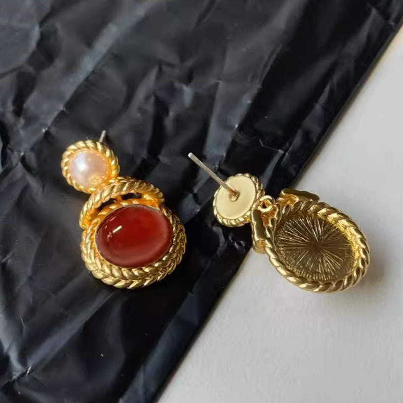 Pearl Handmade Inlaid Zircon National Style Red Earrings