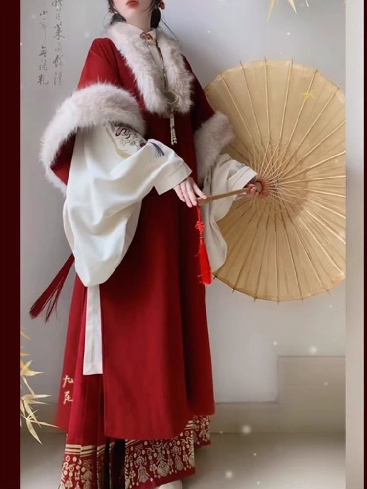 New Year Red Hanfu Celebration Outfit Double-Breasted Long Shirt with Horse Face Skirt