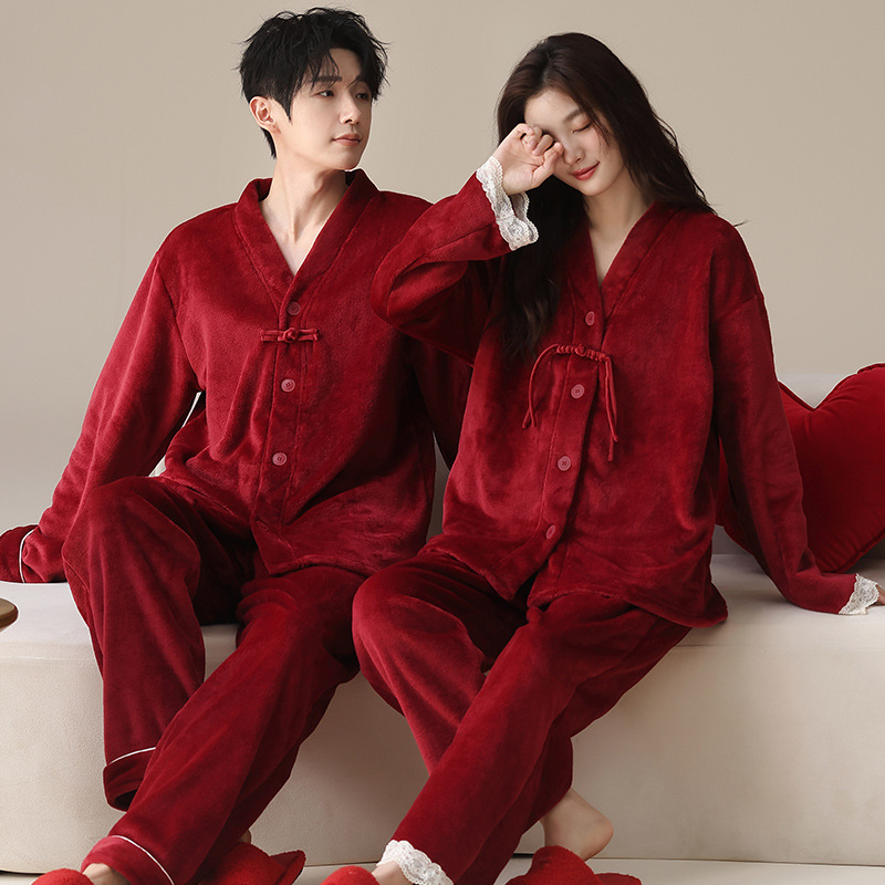 Couple's Winter Red Coral Fleece Pajamas, Thickened and Lined