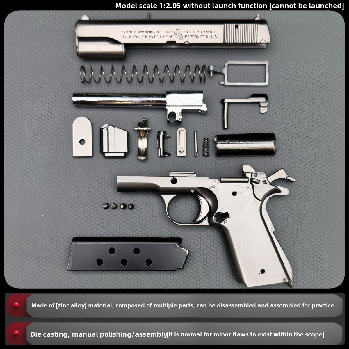 1:2.05 Teaching Aid M1911 All-Metal Children's Toy Gun Model, Shell-Ejecting Alloy Pistol, Non-Firing