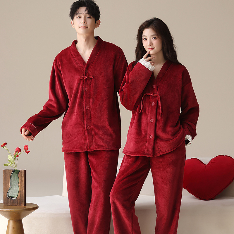Couple's Winter Red Coral Fleece Pajamas, Thickened and Lined