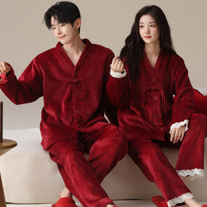 Couple's Winter Red Coral Fleece Pajamas, Thickened and Lined