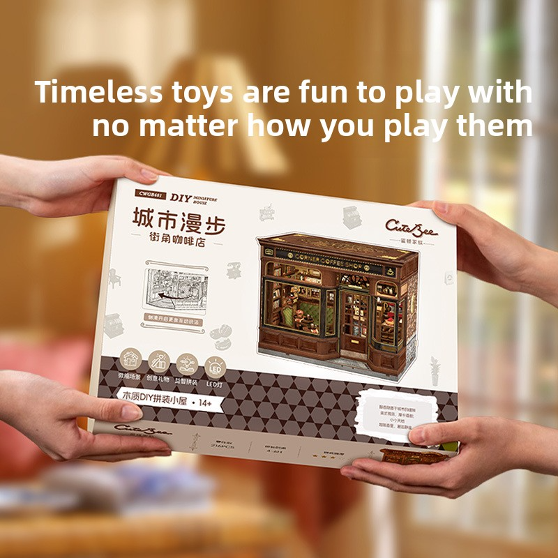 CuteBee Street Corner Coffee Shop Miniature Scene Model DIY Assembly Handmade 3D Stereo Cabin Toy Gift