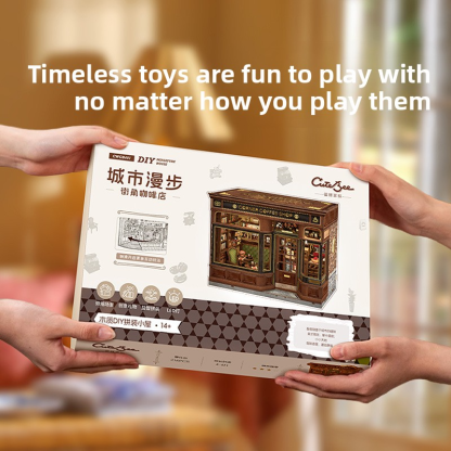 CuteBee Street Corner Coffee Shop Miniature Scene Model DIY Assembly Handmade 3D Stereo Cabin Toy Gift