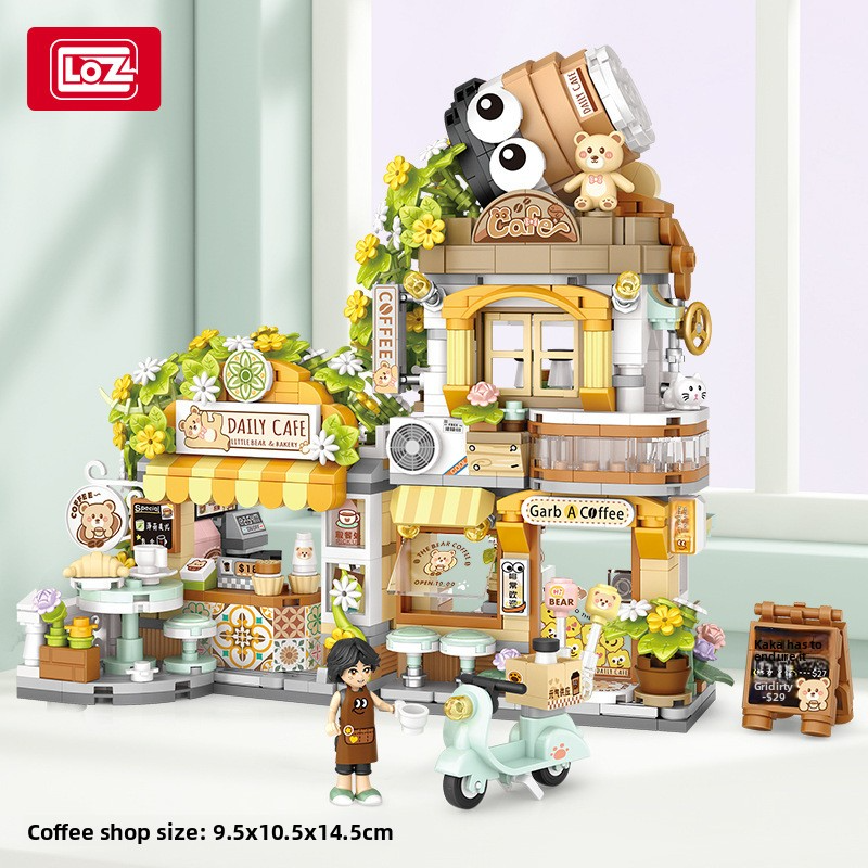 Loz building block particle assembly toy: educational panda tea house, little bear coffee, children's foldable street view gift