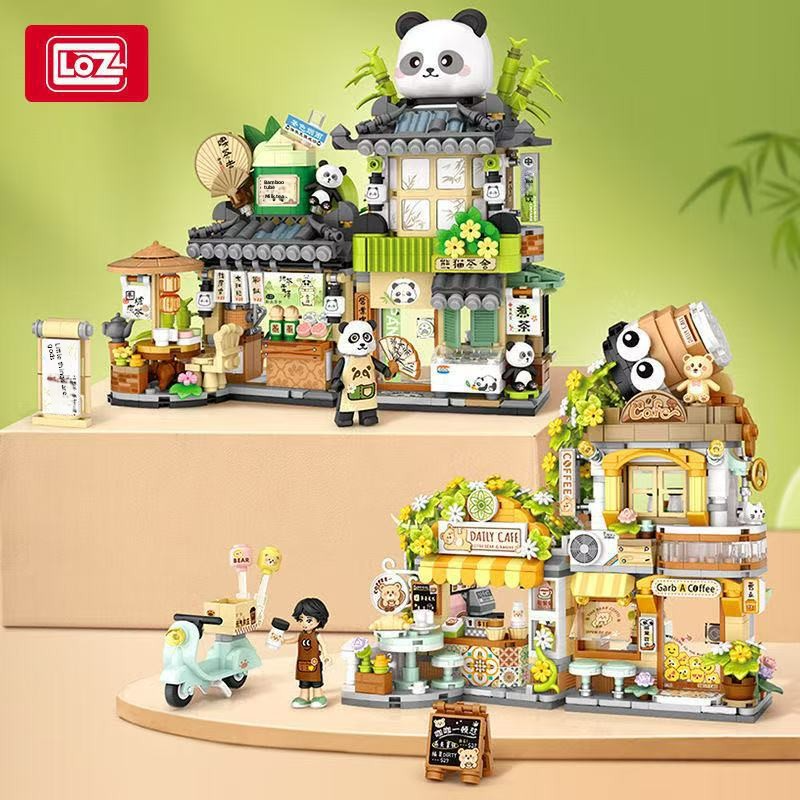 Loz building block particle assembly toy: educational panda tea house, little bear coffee, children's foldable street view gift