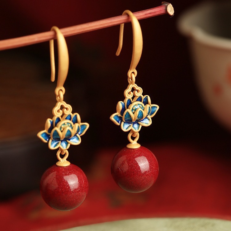 Lotus Earrings for Women Red New Chinese Style National Style