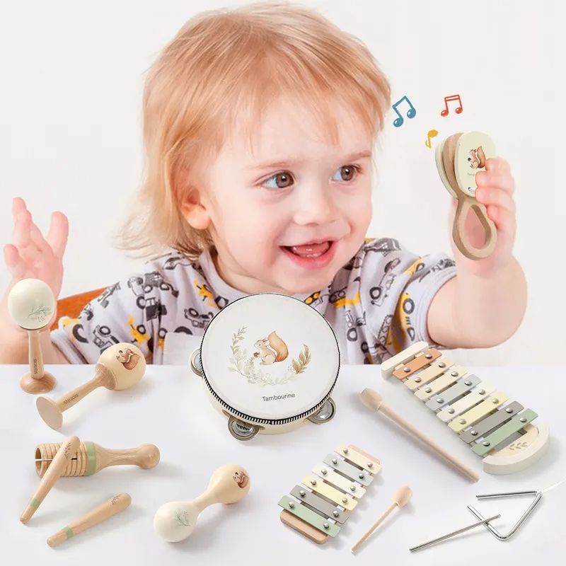 Wooden Orff Instrument Set: Baby Early Education Soothing敲琴 (xylophone), 敲鼓 (drum), 沙锤 (maracas), 摇铃 (hand bells) Musical Toys