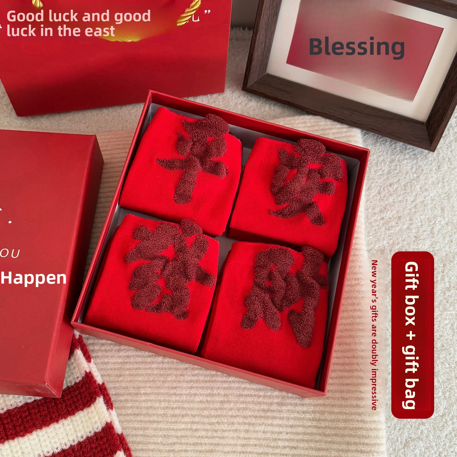  【Buy one, get three】Red Socks Women Festive Prosperity Thickened Mid-Calf Socks 