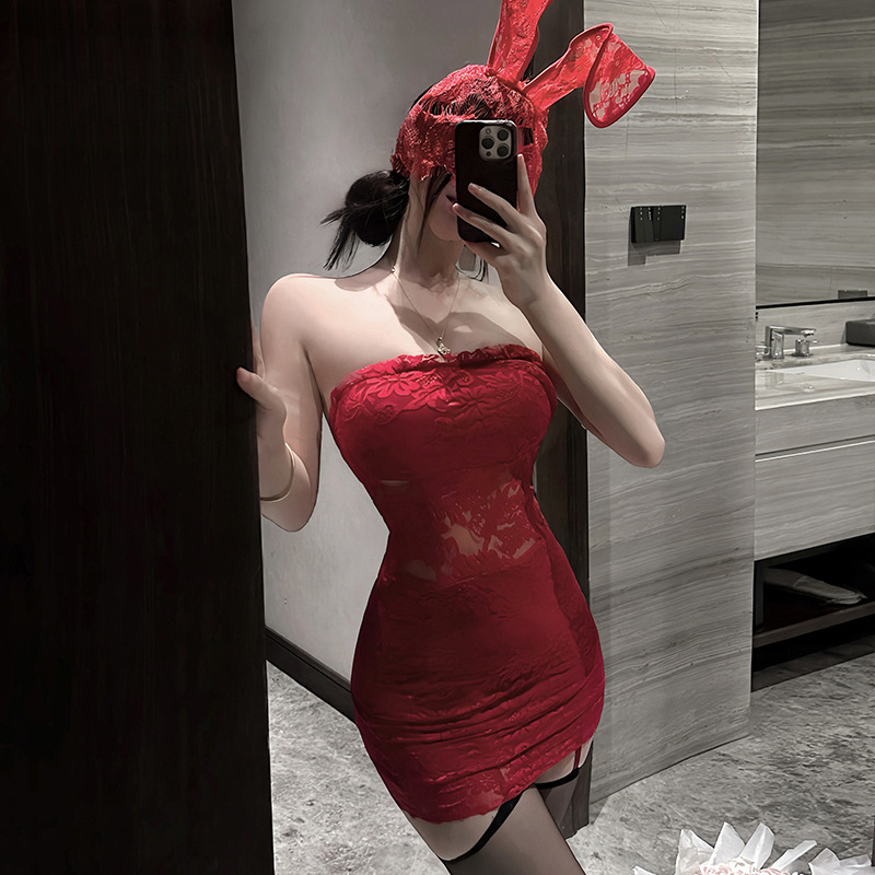  Sexy Lingerie Red Sexy Nightdress Lace Temptation Bunny Girl