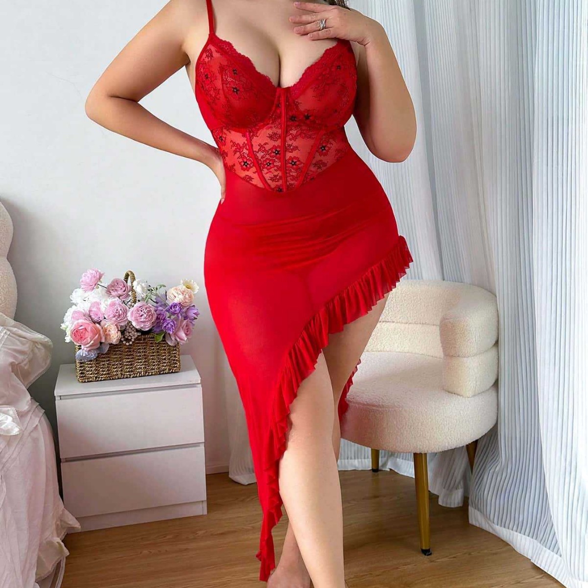  Sexy Lace Lingerie Underwire Push-Up Camisole See-Through Women's Dress