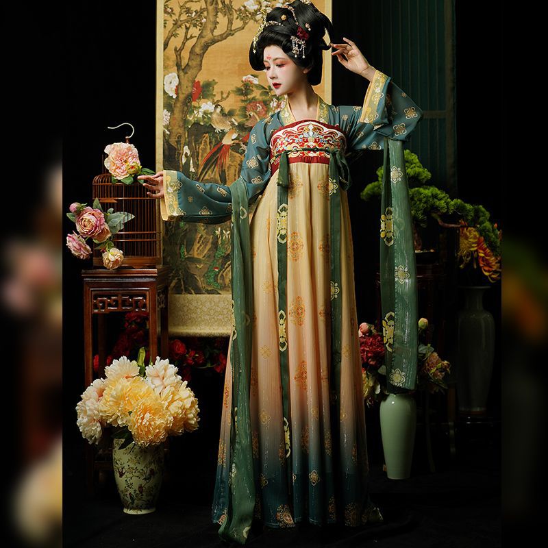 Tang Dynasty Embroidery Restoration Style Chest-High Long Sleeve Shirt with Ripped Skirt