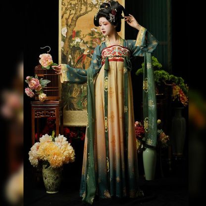 Tang Dynasty Embroidery Restoration Style Chest-High Long Sleeve Shirt with Ripped Skirt