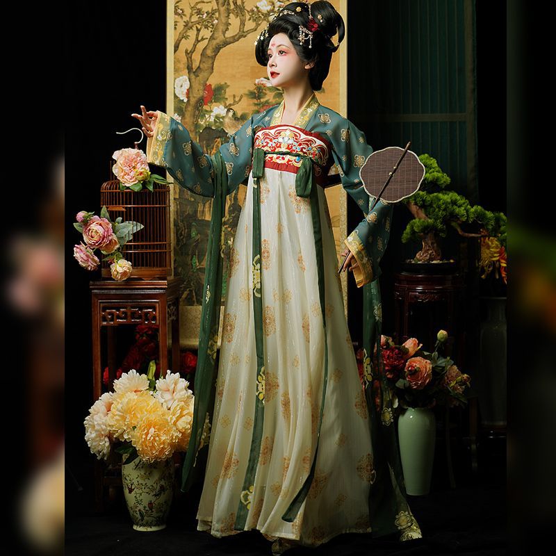 Tang Dynasty Embroidery Restoration Style Chest-High Long Sleeve Shirt with Ripped Skirt