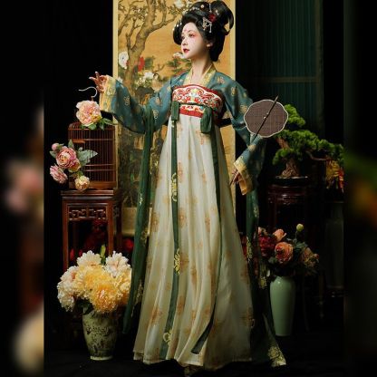 Tang Dynasty Embroidery Restoration Style Chest-High Long Sleeve Shirt with Ripped Skirt