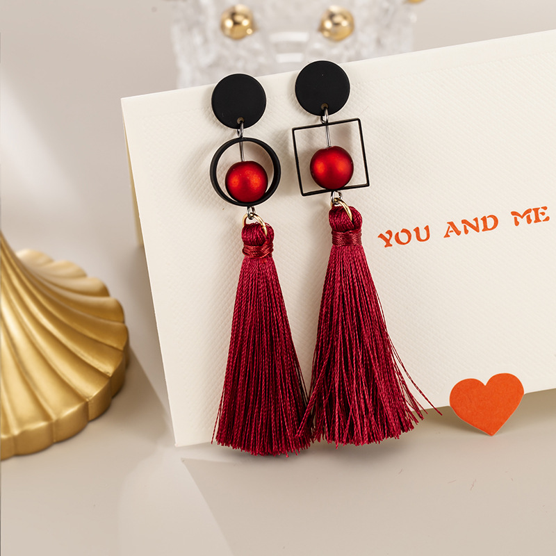 Burgundy Rope Tassel Long Earrings