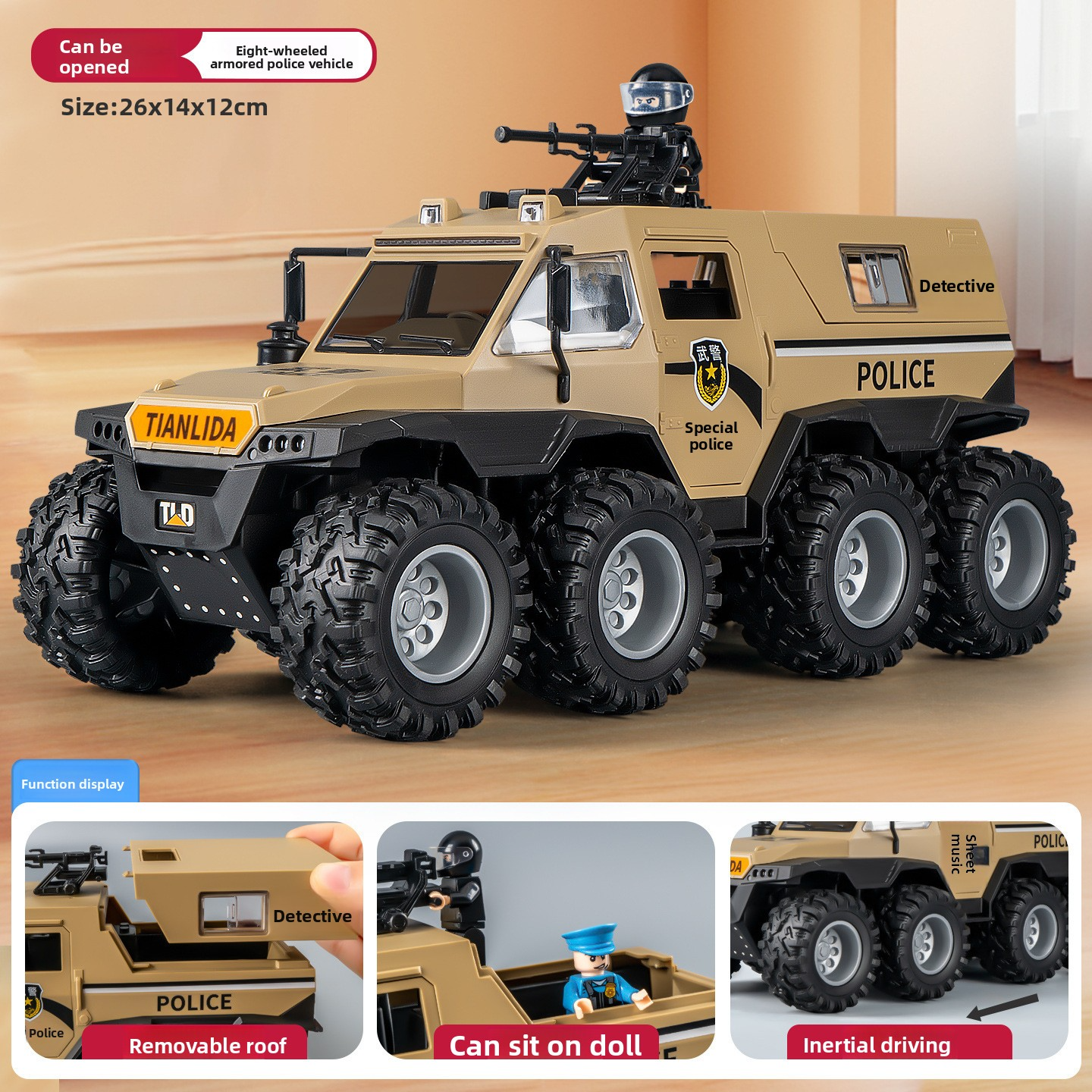 Oversized eight-wheeled SWAT off-road vehicle with seven doors that can be opened, a toy car, armored vehicle, truck, and a realistic car model for boys