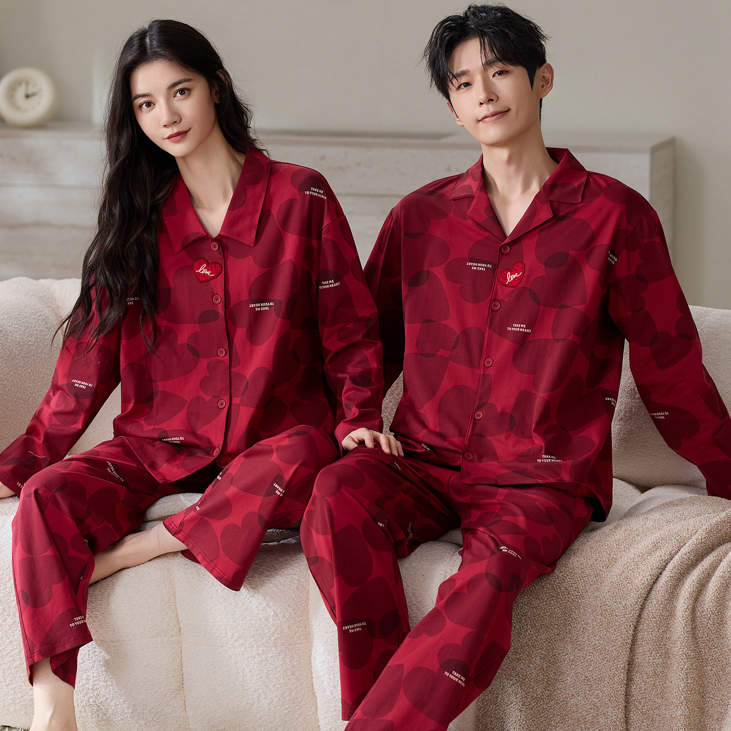 Pure Cotton Long Sleeve Cardigan Red Comfortable Wedding Pajamas for Women Home Wear