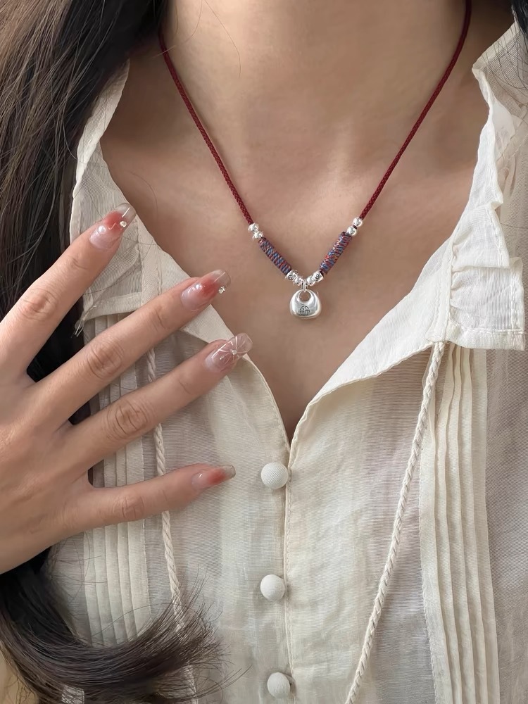 Solid Peaceful Little Fat Lucky Bag Red String Necklace