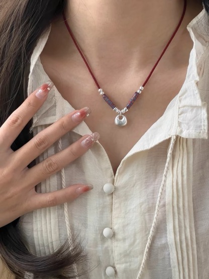 Solid Peaceful Little Fat Lucky Bag Red String Necklace