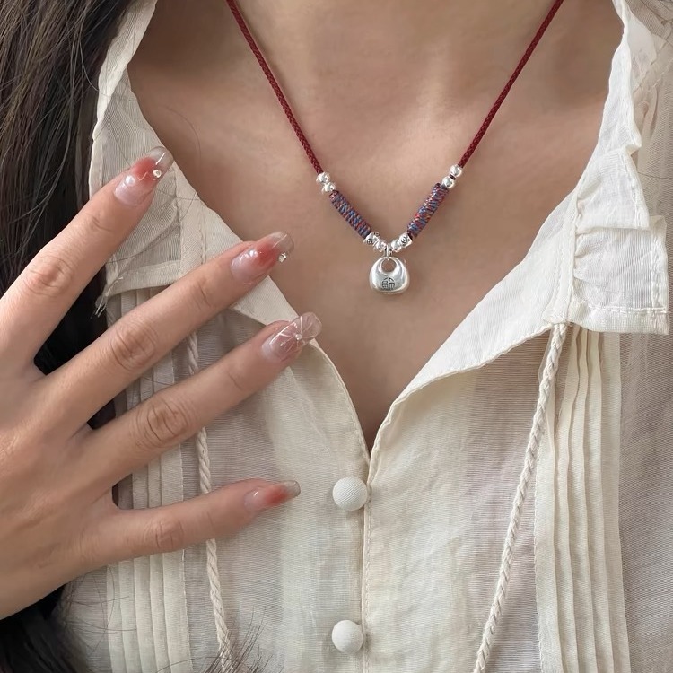Solid Peaceful Little Fat Lucky Bag Red String Necklace