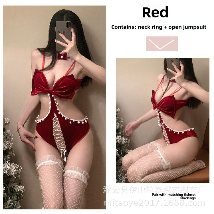 Sexy Red Plush Christmas Dress with Bowknot