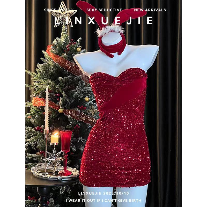  New Year Sexy Lingerie Set Uniform Temptation Hot Girl Halloween Strapless Dress