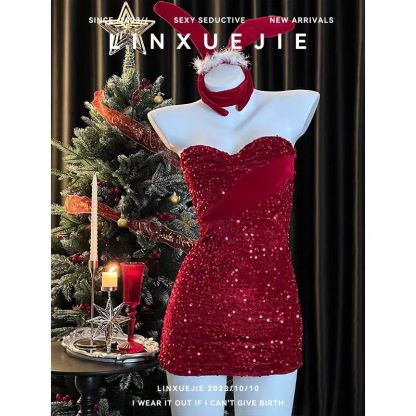  New Year Sexy Lingerie Set Uniform Temptation Hot Girl Halloween Strapless Dress