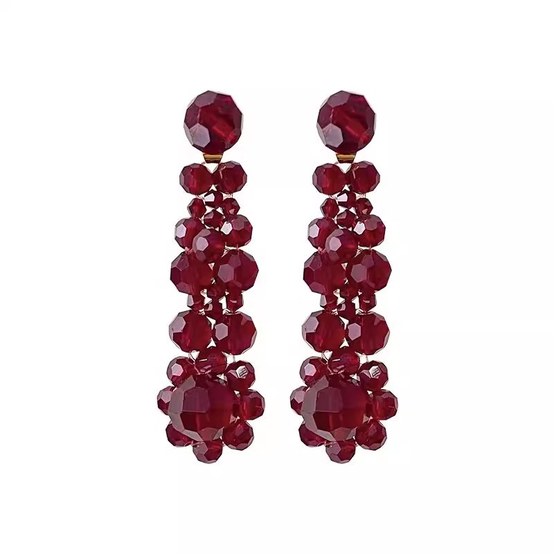 Red Tassel Earrings Women's Beaded Flower Earrings